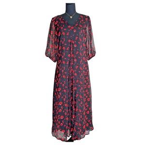 Melloday Midi Dress Sz S Floral Black Red V Neck Open Back Half Sleeves Flowing